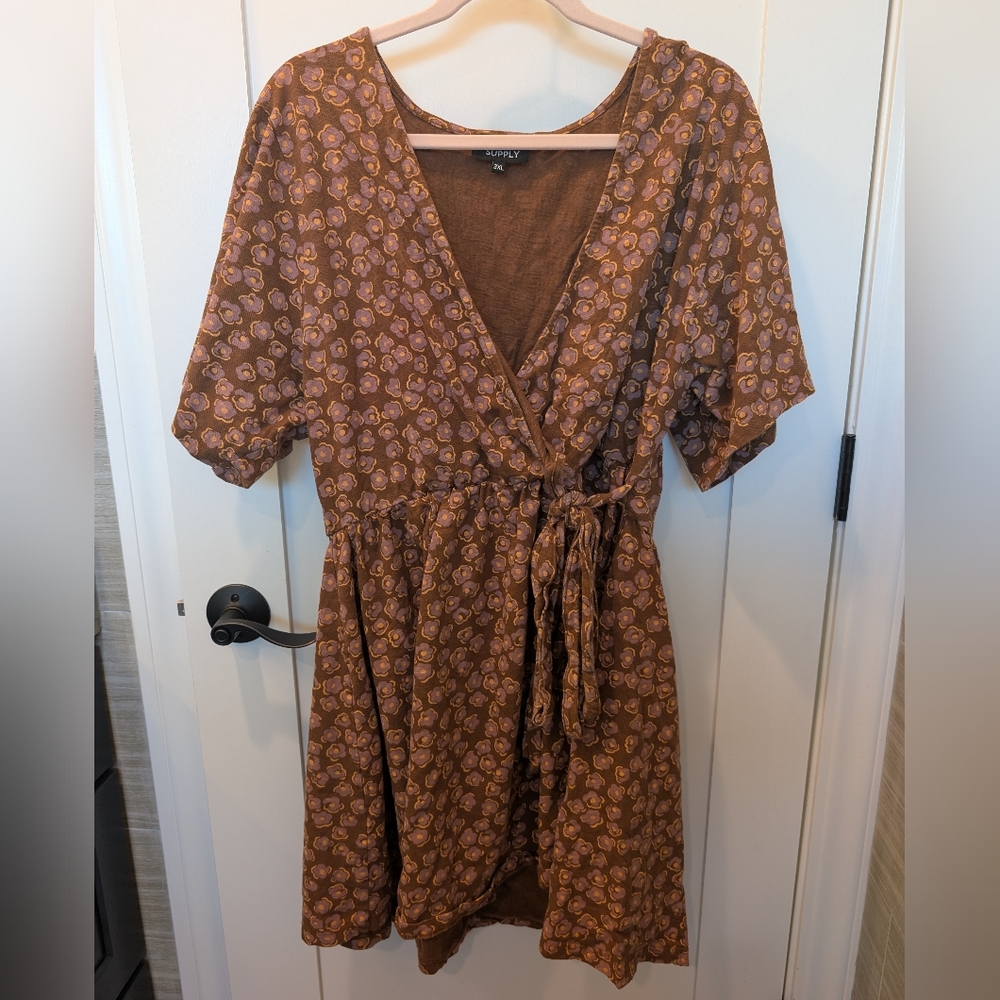 Known Supply Brown Floral Wrap Midi Dress